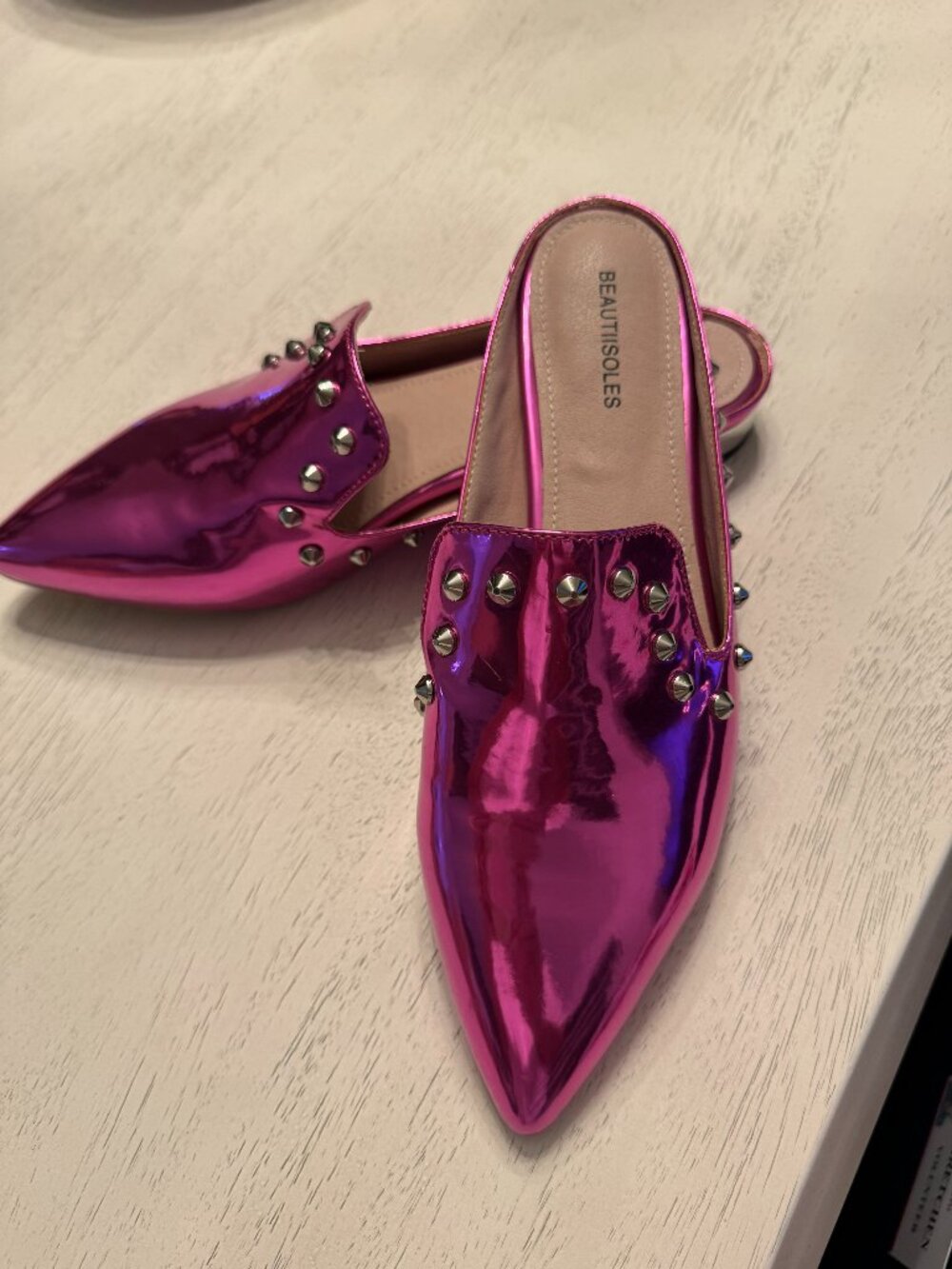 Beautiisoles Sadie Metallic Fuchsia Studded Mules in excellent shape size 9.5